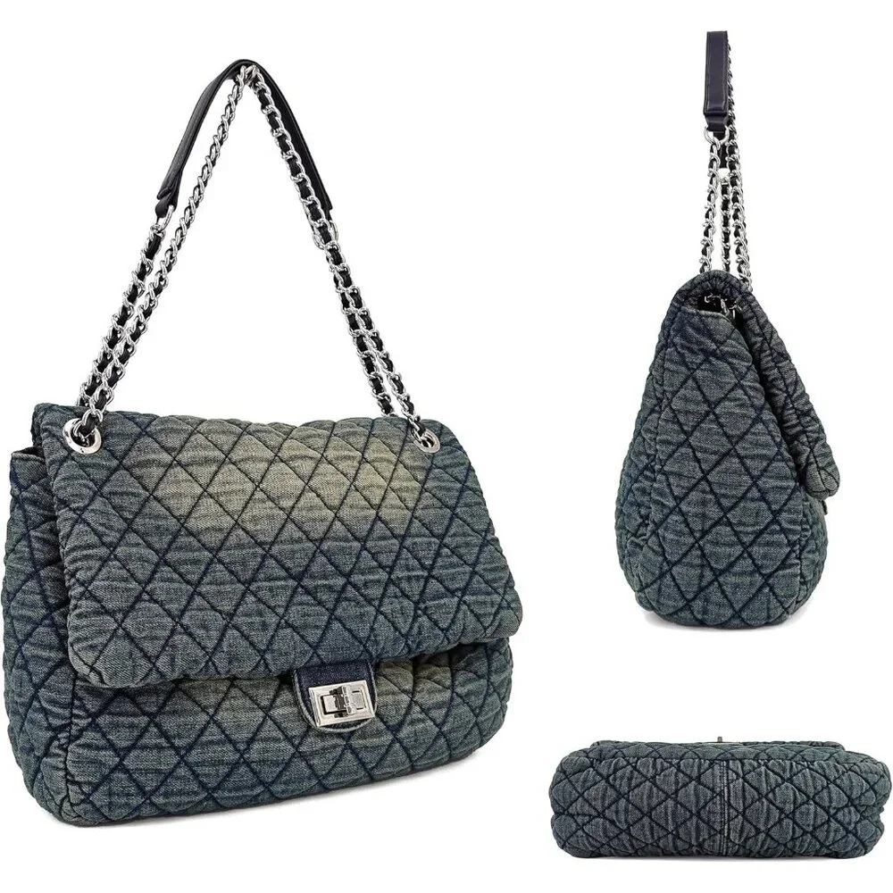 Luxurious Vintage Blue Denim Purse with Versatile Chain Straps & Flap Closure